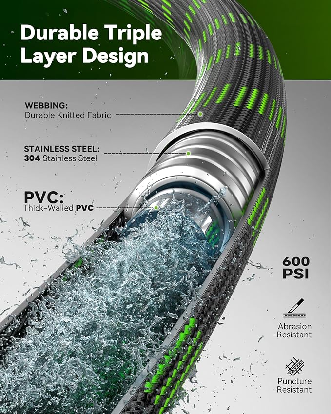 RAINPOINT Metal Garden Hoses for Yard 100 ft - No-kink 304 Water Hose 100ft with 10 mode Nozzle - Brass Connection, Swivel Handle, Flexible Hose,Lightweight, Puncture