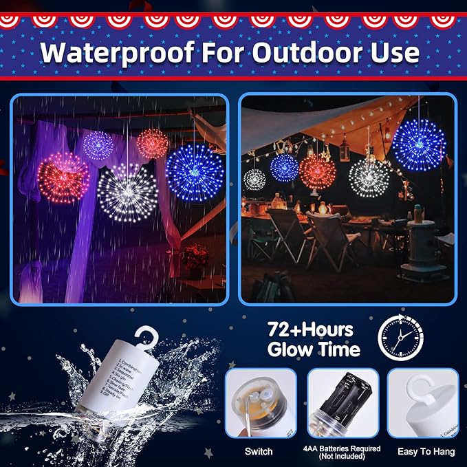 3 Pack 4th of July Lights Decorations 480 LED Remote&Time 8 Light Mode Red White and Blue Firework Lights Battery Operated, American Flag Patriotic Memorial Day Independence Day Outdoor Decor