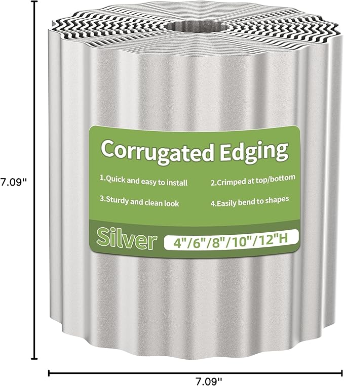 Corrugated Metal Garden Edging, 10"×20Ft Durable Landscape Border for Garden, Lawn, Flower Beds and Paver Edging (Silver)