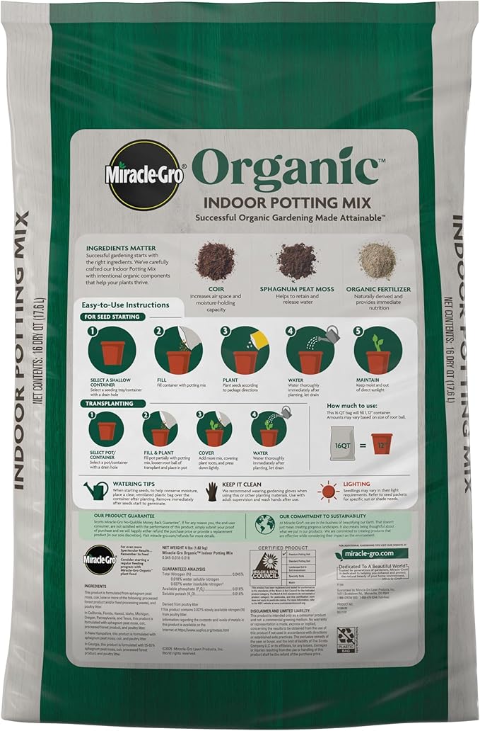 Miracle-Gro Organic Indoor Potting Mix, Protects Against Over and Under Watering, for Indoor Container Plants, Houseplants and Starter Plants, OMRI Listed, 16 qt.