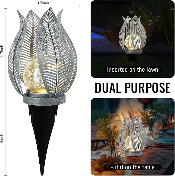 Solar Lights Outdoor Waterproof Garden Decor Crackle Glass Globe,Metal Yard Art Solar Outdoor Lights for Table Decor Porch,Patio Decorations.Gardening Gifts for Women/Mom