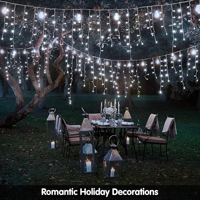 Solar Christmas Lights Outdoor Waterproof Christmas Decorations Curtain Lights 320LED 29.5ft 60 Drops, Solar Powered Rechargeable Fairy Lights for Party, Wedding, Home Decorations(White)