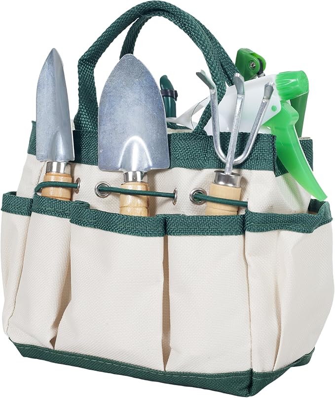 Pure Garden 7 Piece Gardening Tool Set – Mini Planting and Repotting Kit and Carrying Tote Bag Organizer for Succulents, Herbs, and Bonsai Plants