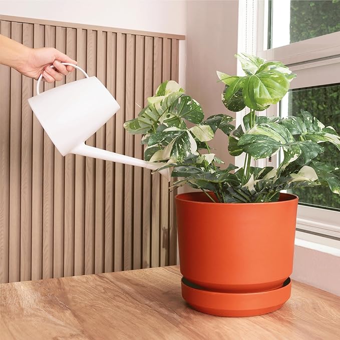 Elly Décor 14 inch Plastic Cylinder Planter Pot with Self-Watering Saucer and Drainage Hole,Lightweight & Extremely Durable, 14"x 14", Terracotta