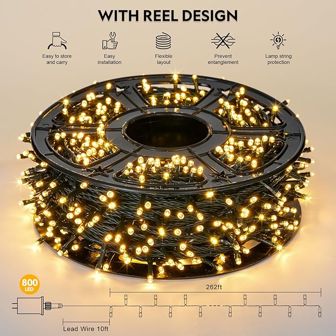JMEXSUSS 272ft 800 LED Outdoor Christmas Lights, 8 Modes Warm White Christmas Tree Lights Green Wire, Waterproof Led Christmas String Lights for Outside Indoor Xmas Party Tree Decor