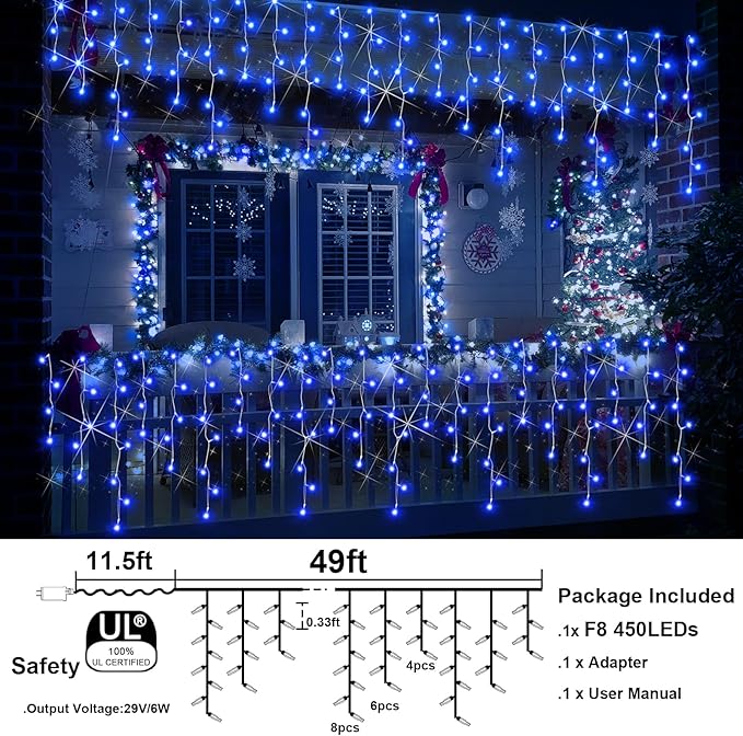49FT 450LED F8 Upgraded Christmas Lights Decorations - 8 Modes Waterproof Outdoor Fairy String Lights With Memory and Timer - Plug-in for Holiday, Party, Wedding, Home, Roof