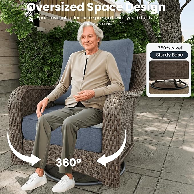 3 Pieces Outdoor Patio Furniture Sets with Single Chairs with 6-inch Thick Cushion and Side Table for Deck Lawn