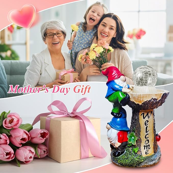 Garden Gnome Statues, Garden Statues for Outside with Solar LED Lights, 10.4 in Funny Double Gnomes Sculptures Outdoor Decorations for Yard, Ideal Gnomes Gifts for Women/Mom/Grandm