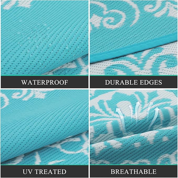 Pauwer Waterproof Outdoor Rug 9x12, Reversible Plastic Straw Patio Camping Rug, Indoor Outdoor RV Mat Carpet for Deck, Camper, Porch, Balcony, Backyard, Picnic, Floral Teal