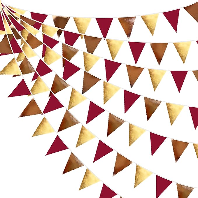 Fall Party Decorations Maroon Gold Brown Metallic Fabric Triangle Pennant Banner Burgundy Flag Bunting Garland for Autumn Thanksgiving Wedding Birthday Bridal Shower Engagement Graduation Garnet Party