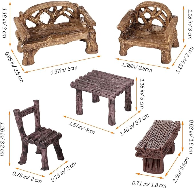Skylety 12 Pieces Garden Furniture Ornaments Miniature Table and Chairs Set Village Micro Resin Bench Chair for Dollhouse Accessories Home Micro Landscape (Vintage Style)