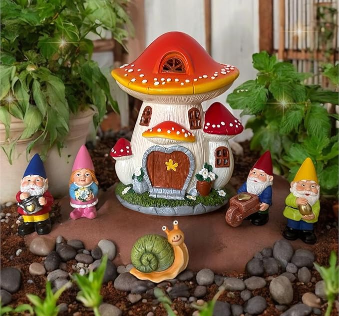 Solar Garden Gnome Statue Set – Magical Gnome Decor - Solar Light Mushroom House – Hand-Painted Resin Garden Decorations for Indoor & Outdoor – Weather-Proof Yard Ornaments - Unique Outdoor Gifts