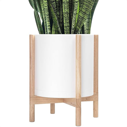 D'vine Dev Planter Pot with Stand - 14 Inch Plastic Cylinder Flower Pot with Wood Planter Holder for Indoor, Matte White Pot + Natural Stand, 55-C-S-1