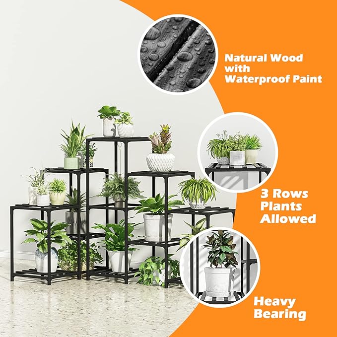 Bamworld Outdoor Plant Stand Indoor Black Corner Shelf 5-Tier 11 Potted Flower Shelves Wooden Garden Wood Plant Holder Rack for Living Room Lawn Window