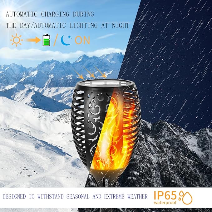 I-SHUNFA 96 LED Outdoor Waterproof Solar Torch Lights with 3 Modes—Flickering Flame, Fade Effect, or Full Brightness! Automatic On/Off Landscape Decorations and Security Lights