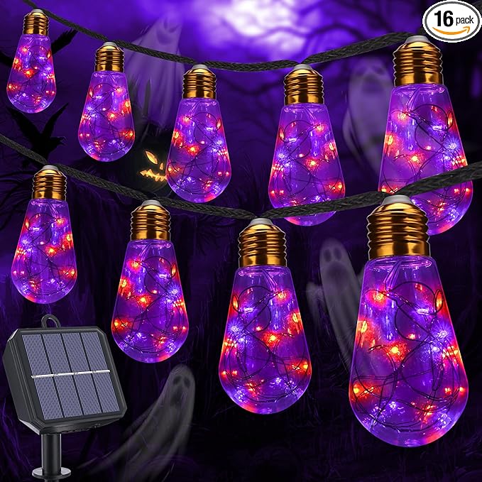 Orange & Purple Solar Halloween Lights Outdoor, 20Ft Black Hemp Rope Halloween String Lights, Waterproof Orange Purple Lights with 8 Modes 16 Shatterproof Bulbs for Patio, Yard, Party, Halloween Decor