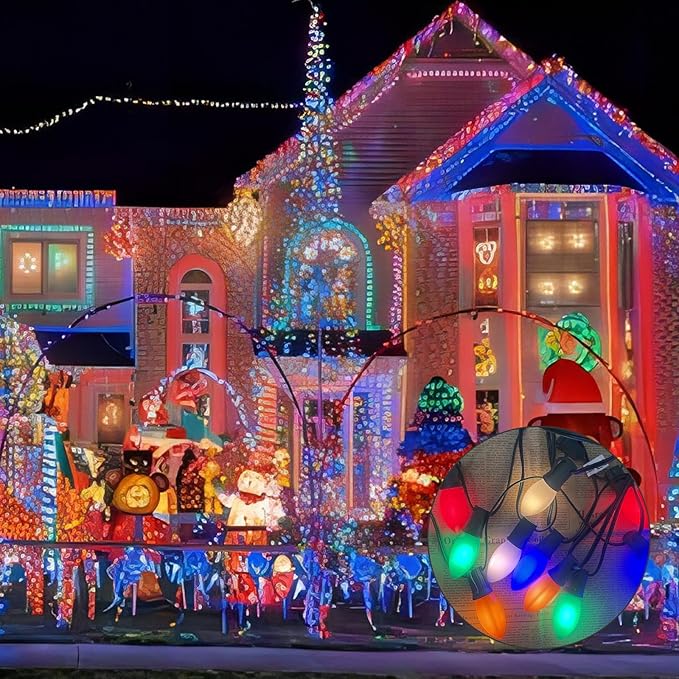 C9 LED Christmas Lights,25FT Vintage C9 Multicolor Christmas Lights Outdoor with 26 Colorful Ceramic LED Bulbs,Connectable Waterproof Christmas Lights for Outdoor Christmas Decorations Tree Garden Gar