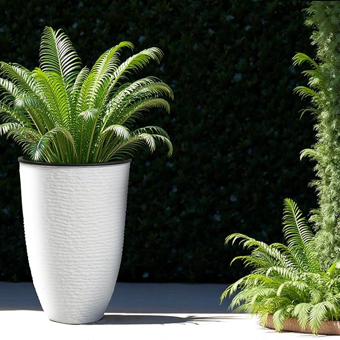WORTH Garden 2-Pack 21" H. White Tall Planters with Inside Pots - 14'' Dia Plastic Large Round Plant Tree Pots - Decorative Imitation Stone Finish for Indoor Outdoor Front Porch Container Patio