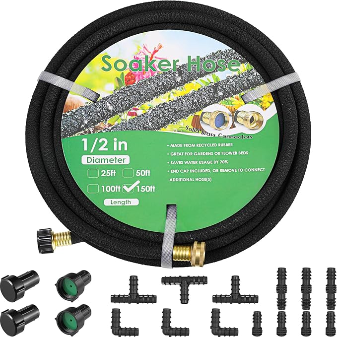MAMIZO Soaker Hose Kit 150 ft 1/2", Solid Brass Connectors Rubber Longer Lasting, Heavy Duty Drip Hose to Save 70% Water, Soaker Hose for Garden, Lawn and Yard