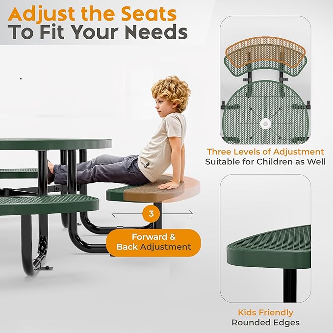 Metal Picnic Tables for Kids for Outdoors with Umbrella Hole - Coated Steel Heavy Duty Commercial Grade Table with Adjustable Seats (Green, 38 in, Kids, Expanded Steel)