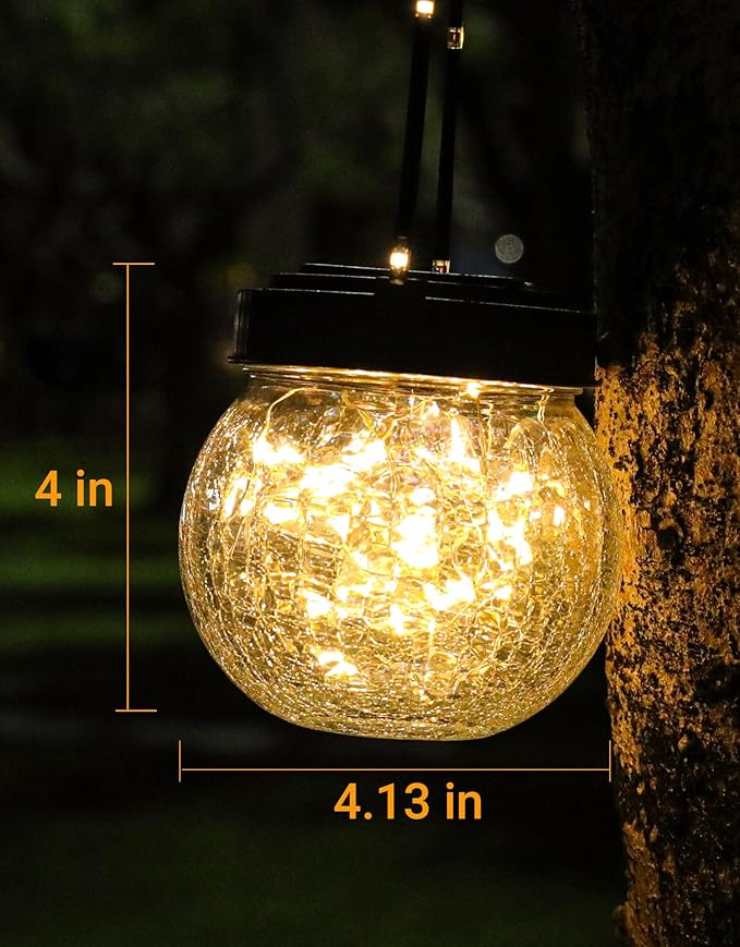 Solar Lantern Solar Lights Outdoor Waterproof 2-Pack, Solar Powered Hanging Lights Cracked Glass Hanging Globes for Christmas Decoration, Shepherd Hook, Garden Tree Ornaments