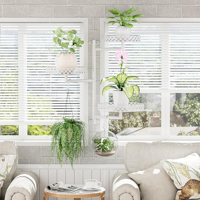 OVICAR Rotating Window Plant Shelves - Indoor Wall Plant Stand 3-Tier Floral Metal Window Shelf Holder for Multiple Plants with Hanging Hooks Home Decor White