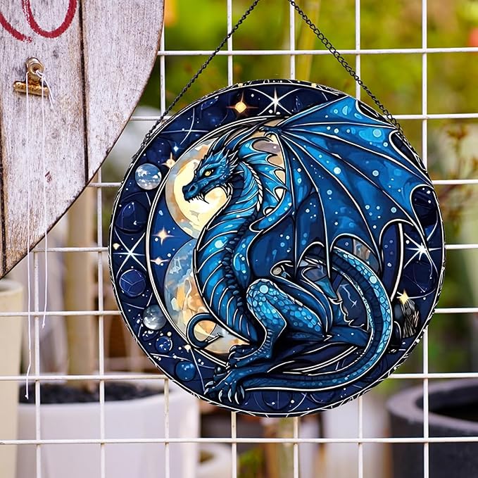 Celestial Dragon Pattern Suncatcher Stained Glass,Hanging Stained Glass for Windows,20cm/7.87inch Sun Catcher Garden Hangings Ornaments Halloween Fall Christmas Decor for Home