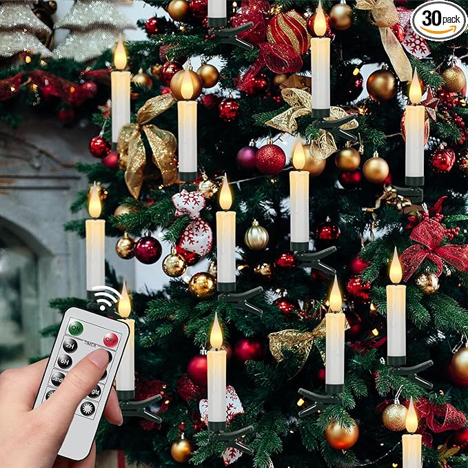 DRomance Christmas Tree Flameless Taper Candle Lights Battery Operated with 10-Key Remote and Timer, 30 Pack Plastic 3D Wick Flickering LED Taper Candles Multi-Using Home Garden Holiday Decor 3.4"