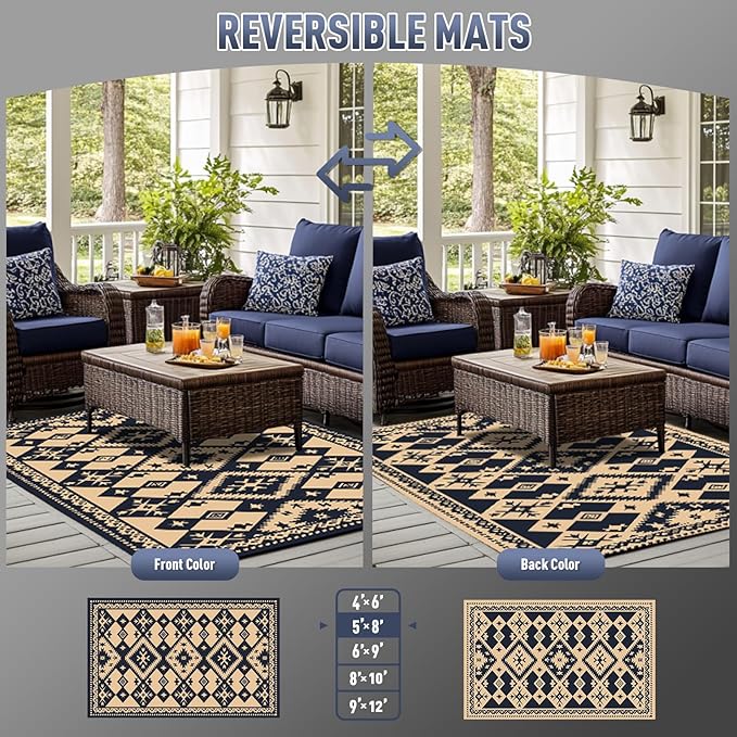 WILDROOTS 5x8 Feet Plastic Bohemian Outdoor Rug, Stain Resistant Waterproof Reversible Outdoor Patio Rug, Fade Resistant Camping Rug