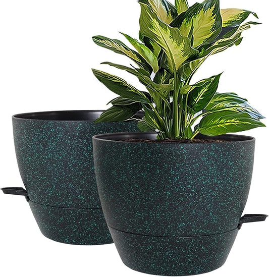 WOUSIWER 10 inch Self Watering Planters, 2 Pack Large Plastic Plant Pots with Deep Reservior and High Drainage Holes for Indoor Outdoor Plants and Flowers, Speckled Black with Green