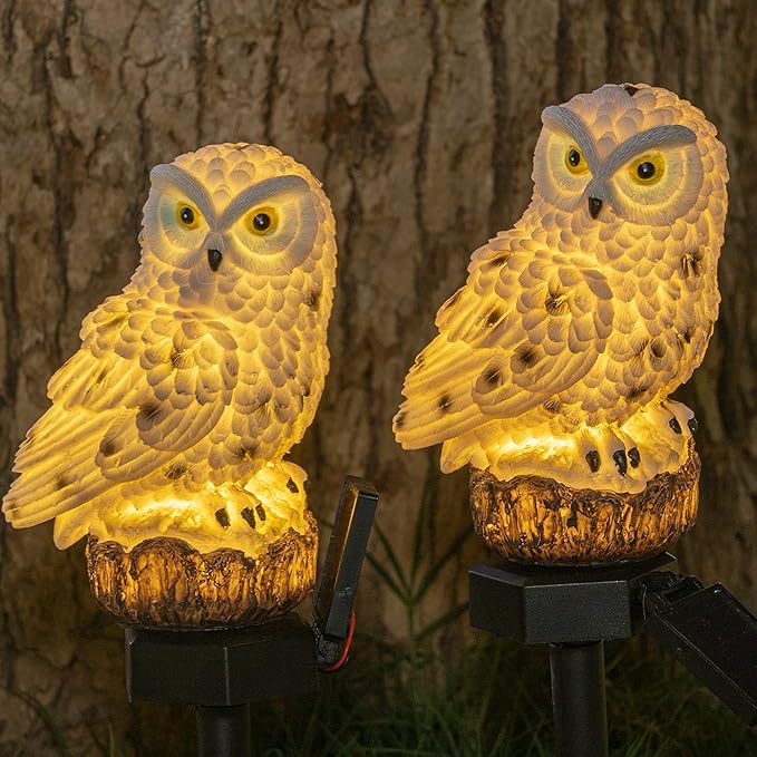 Dazzle Bright 2 Pack Owl Figure Solar LED Lights, Resin Garden Waterproof Decorations with Stake for Outdoor Yard Pathway Outside Patio Lawn Decor to Scare Birds Away, Gifts for Women, Owl Lovers