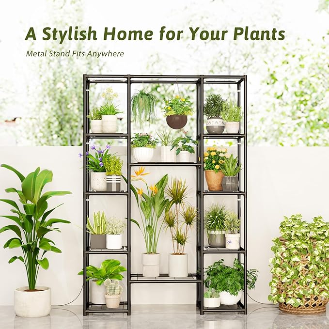 Plant Stand Indoor with Grow Lights Large Plant Shelf Plant Cabinet Hanging Plant Rack Metal Plant Holder for Multiple Plants for Living Room Patio Balcony Garden Black