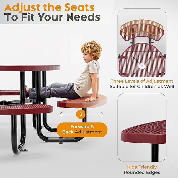 Metal Picnic Tables for Outdoors with Umbrella Hole - Coated Steel Heavy Duty Commercial Grade Table with Adjustable Seats (Red, 38 in, Round, Expanded Steel)