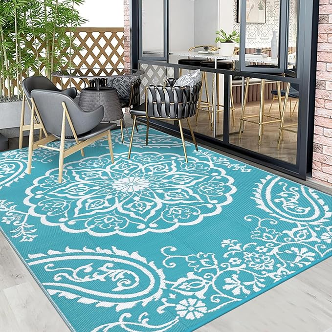 Pauwer Reversible Outdoor Rug, 6'x9', Waterproof Polypropylene Patio Mat, RV, Balcony, Deck, Beach, Picnic