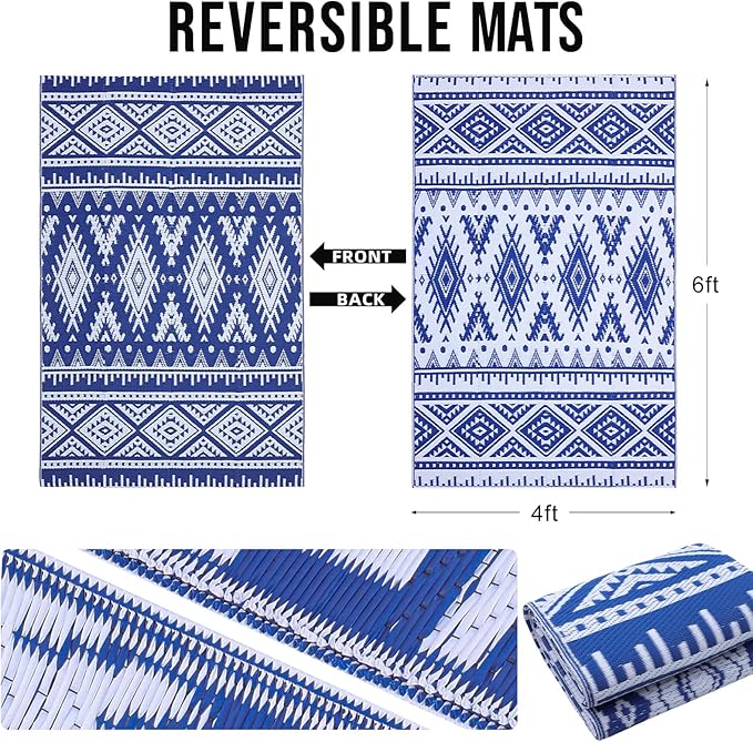 OLANLY Outdoor Rug Waterproof 4x6 ft, Reversible Outdoor Plastic Straw Rug, Boho Patio Rug, Indoor Outdoor Carpet, RV Mat Outside for Patio, Camp, Picnic, Balcony, Deck, Backyard, Blue & White