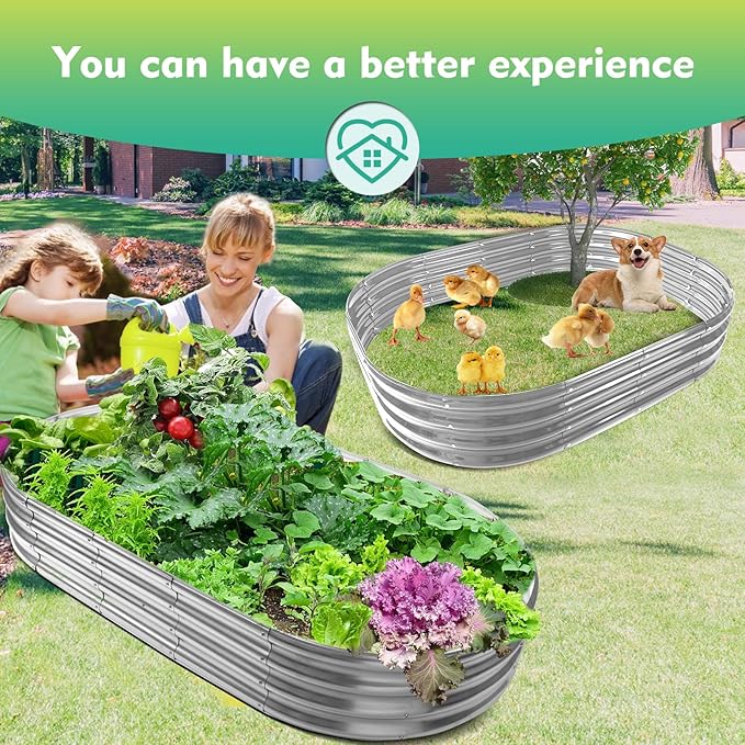 72X36X12 Inches Oval Galvanized Metal Garden Raised Bed/Plant Box for Planting,36 Inches Diameter Metal Fire Pit Ring,Small Animal Fence-3 in 1 Modular Design in Silver (6X3X1 FT, Oval)