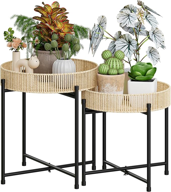 Bamworld Plant Stands Set of 2 Tall Plant Stand Indoor Rattan Plant Table for 5 Pots Plants Round Flower Stand Outdoor for Home Decor Balcony Patio