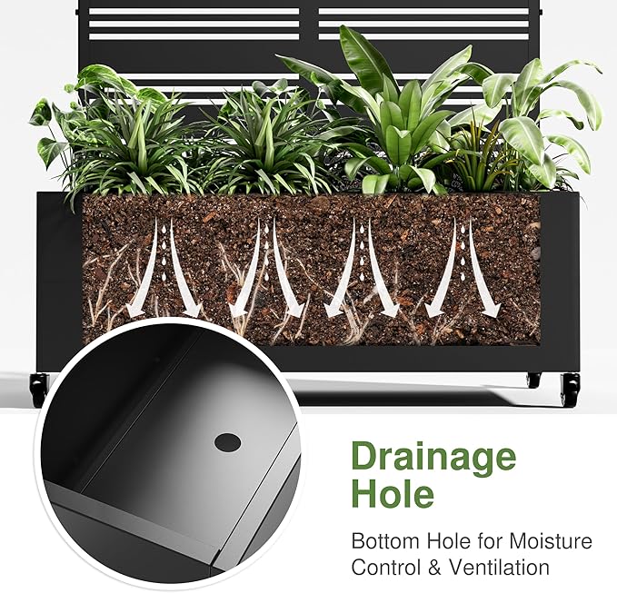 Casaphoria Metal Raised Garden Bed with Trellis and Wheels, 72"x35"x16" Planter Box for Climbing Plants, Vegetables & Vines, Features Drainage Holes and Privacy Screen (Black-Harold)