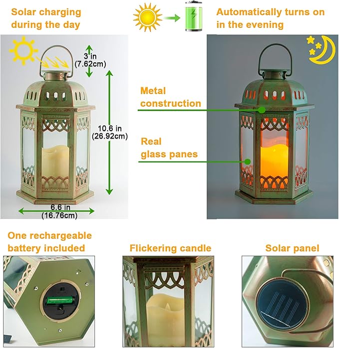 SteadyDoggie Solar Lanterns 2 Pack Green - Hanging Solar Lights with Flickering Candle LED - Retro Ornate Hanging Solar Lantern with Handle