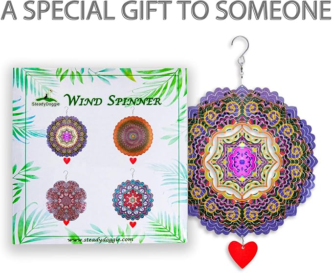 SteadyDoggie 12-Inch 3D Wind Spinners Outdoor - Mandala Purplerain Windmill Yard Decorations - Stainless Steel Laser Cut Ornament - Kinetic Garden Decor for Outside