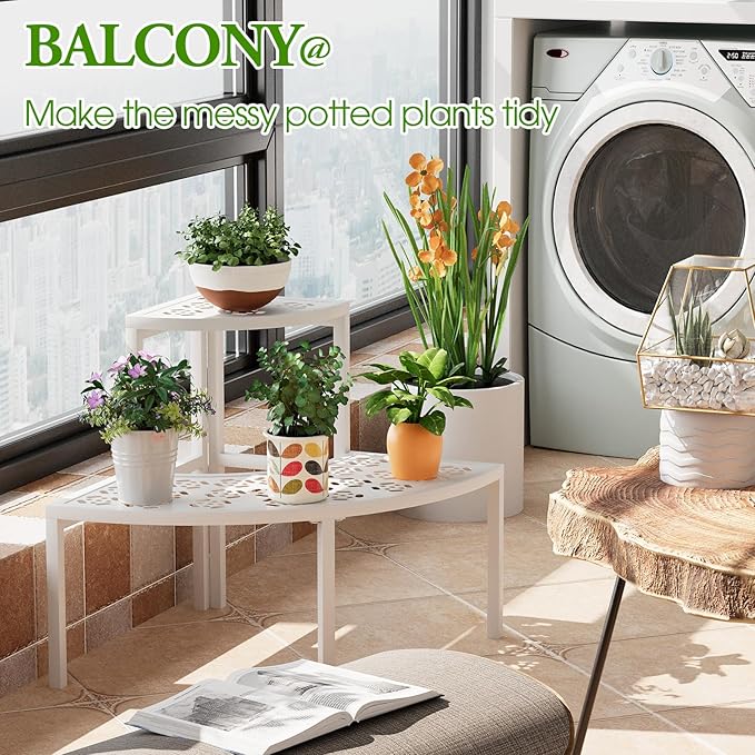 aboxoo 2 Tier Plant Stand Flower Pot Rack for Patio,Heavy Duty Metal Stair-Step Style Corner Shelf Planters, Quarter Round Display Holder for Indoor Outdoor Use(White, Semicircle)