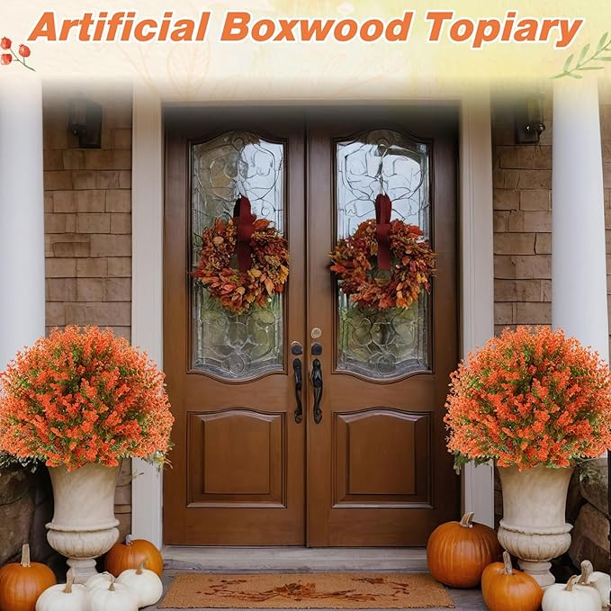 Yunlly 4 Pcs 18 Inch Fall Artificial Boxwood Ball Topiary Tree Outdoor Plants Bush, UV Resistance Faux Shrub with Spike Fall Porch Decor for Indoor Garden Yard Porch Patio Decor (Orange)