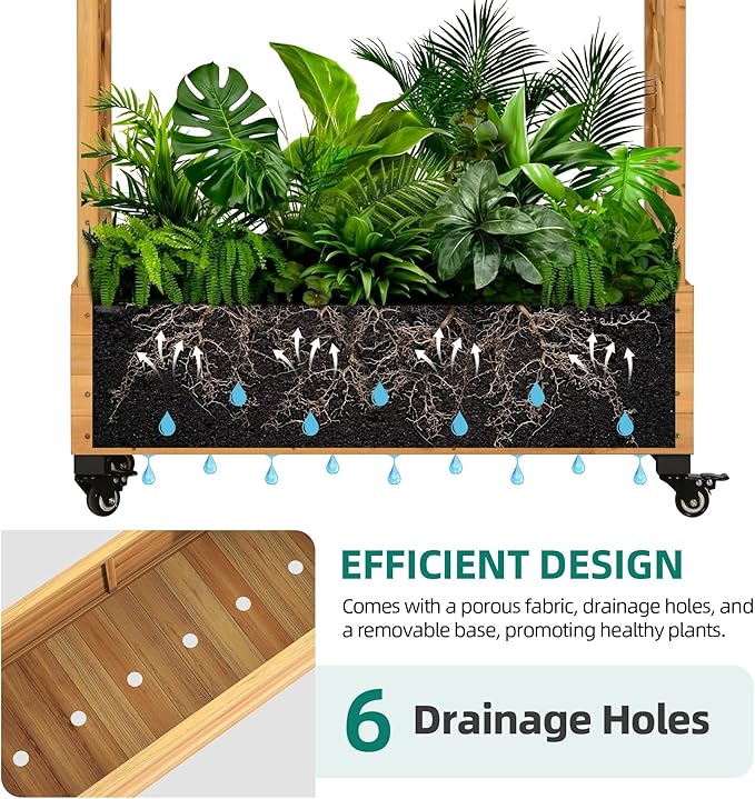 YITAHOME Raised Garden Bed with Trellis and Lockable Wheels, Wood Free-Standing Trellis Planter Box with Hanging Roof for Climbing Plants Flowers in Garden, Patio, Backyard, Balcony, Natural