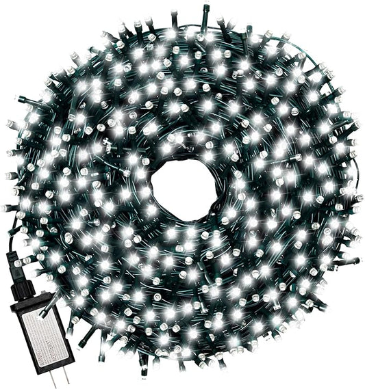 500 LEDs 172ft Green Cable Wire Christmas Light Fairy String Tree Twinkle Lights Plug in 12 Modes for Christmas Party, Outdoor, Garden, Wedding, Home Decoration (White)