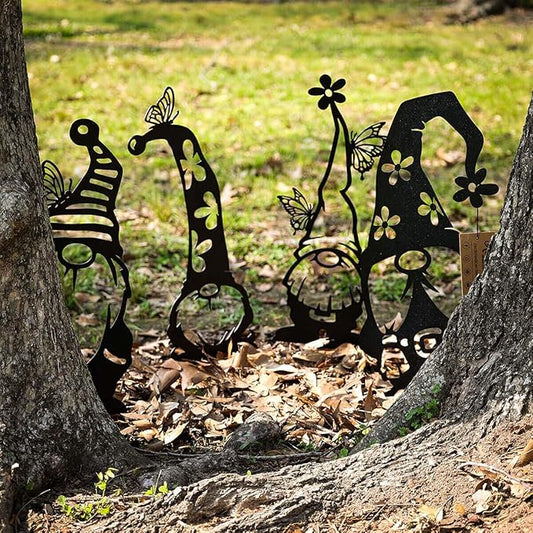 RealSteel Metal Garden Gnomes Outdoor – Steel 4 Pack Lawn Ornaments & Statues, Funny Yard Decor, Weatherproof Garden Decoration, Gift for Gardeners (Textured Silver)