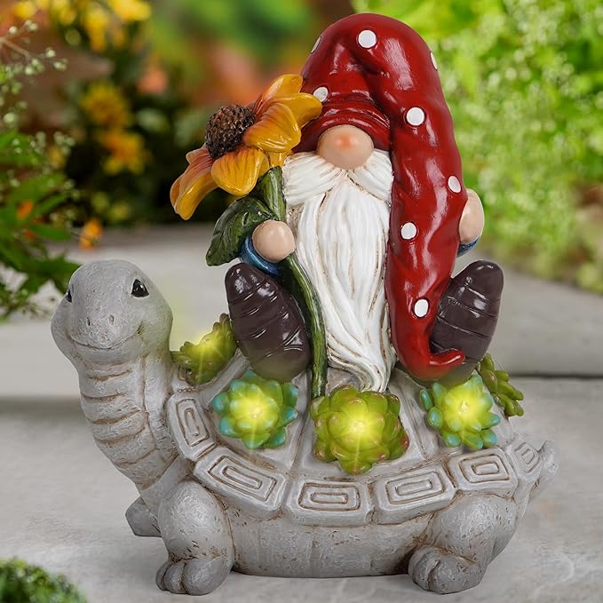 Hodao Patio Garden Theme Solar Gnome & Turtle Sculpture Statue - Lawn, Deck, Balcony, Patio Spring/Summer Decorations - Creative Housewarming Gifts