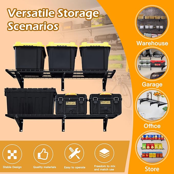Garage Wall Shelving, 2-Pack 2 x 4ft Garage Storage Rack,Loads 700 lbs 24-inch-by-48-inch Heavy Duty Wall Shelves,24” x 48” Garage Wall Shelf,Black