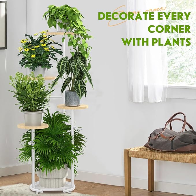 TOSKING 5 Tier Metal Plant Stand Indoor， Plant Shelf, Corner Shelf Flower Pot Stand for Outdoor Plant Stand for Living Room Balcony Garden Patio Bedroom (White and Wood, 42in)