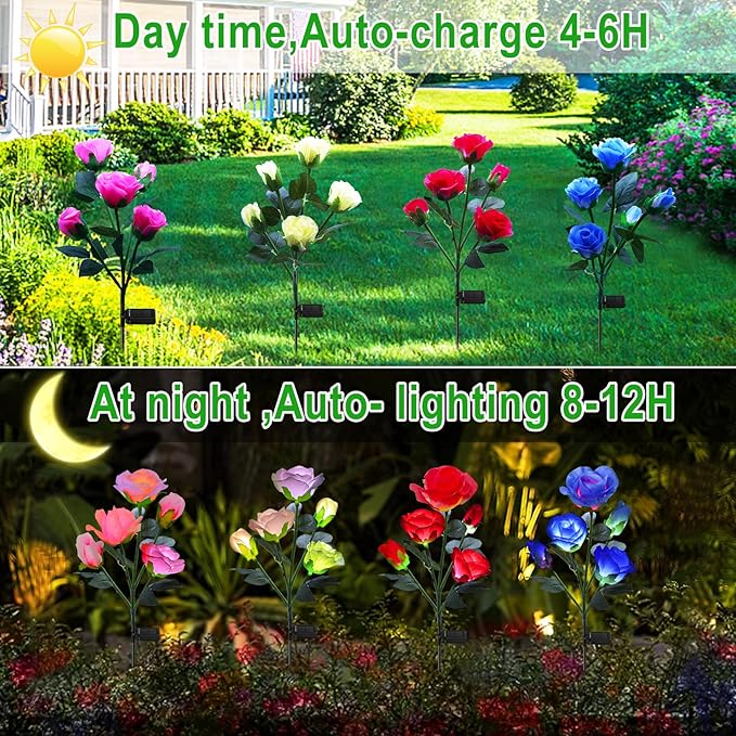 ANGMLN Solar Garden Lights, 6 Pack Solar Flower Lights Outdoor Waterproof with 30 Head Realistic Rose 7-Color Changing Landscape Light for Garden Yard Pathway Patio Grave Cemetery Decoration