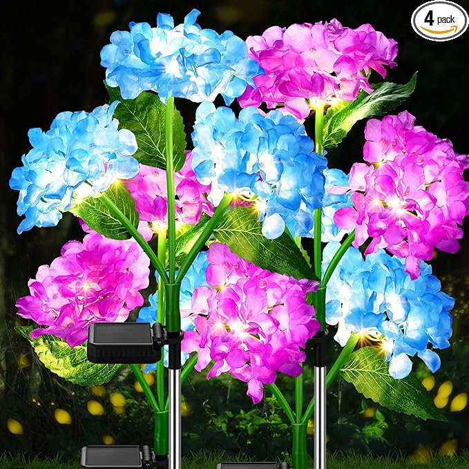 Treela 4 Pack Solar Lights Flowers Outdoor Waterproof Hydrangea Garden Stake Lights Realistic LED Flowers Powered Decorative Ground Solar Flower for Lawn Yard Backyard Decoration Gift(Blue, Purple)